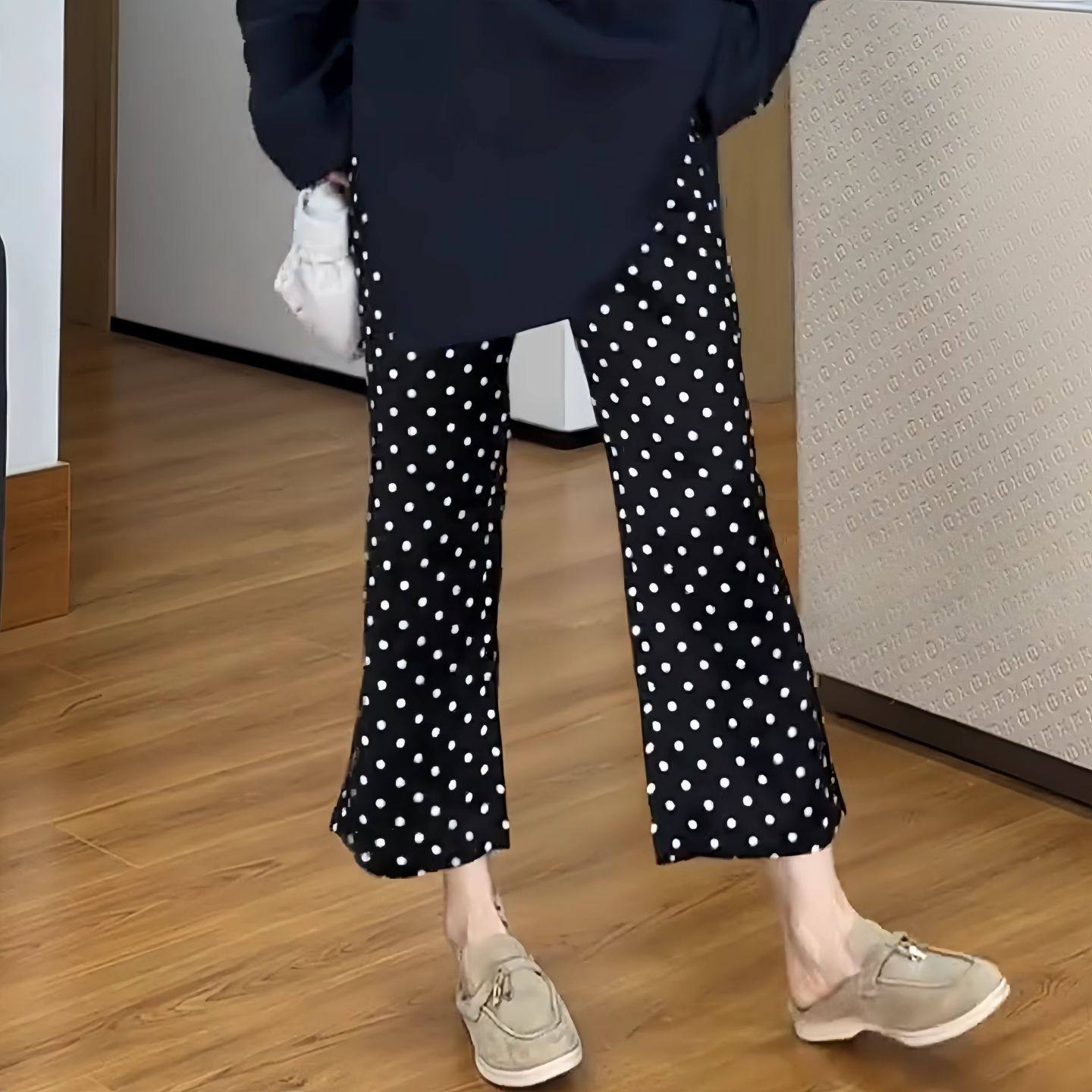 高腰波点百搭休闲裤女春夏新款大码胖MM流行显瘦微喇叭九分裤子潮,淘宝优惠券,粉丝福利购,淘宝优惠卷