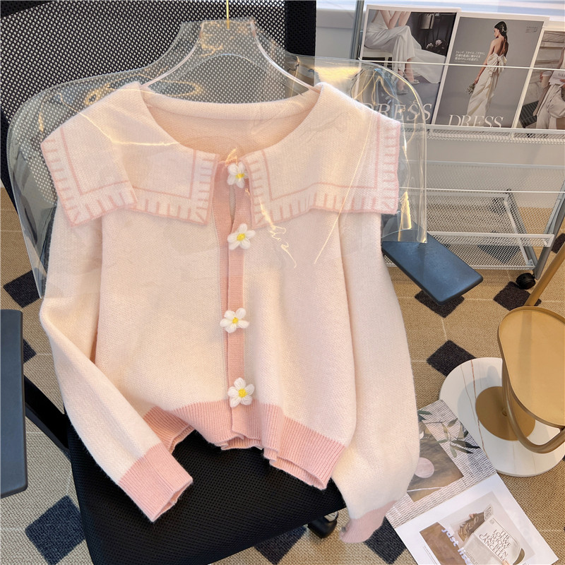 气质甜美娃娃领毛衣开衫女长袖上衣2025年秋季新款别致羊毛针织衫,淘宝优惠券,粉丝福利购,淘宝优惠卷