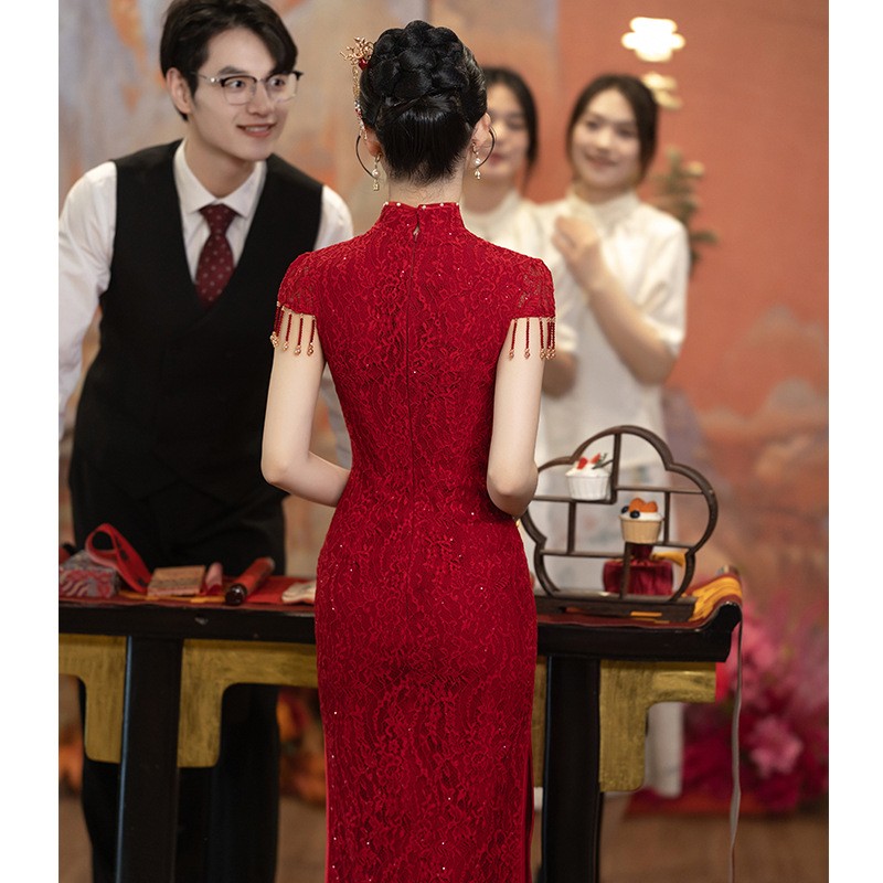 红色敬酒服新娘旗袍小个子订婚礼服连衣裙中式结婚蕾丝女回门夏季 - 图3