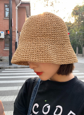 草帽女小清新韩版潮百搭日系沙滩遮阳帽子夏季薄款遮脸编织渔夫帽