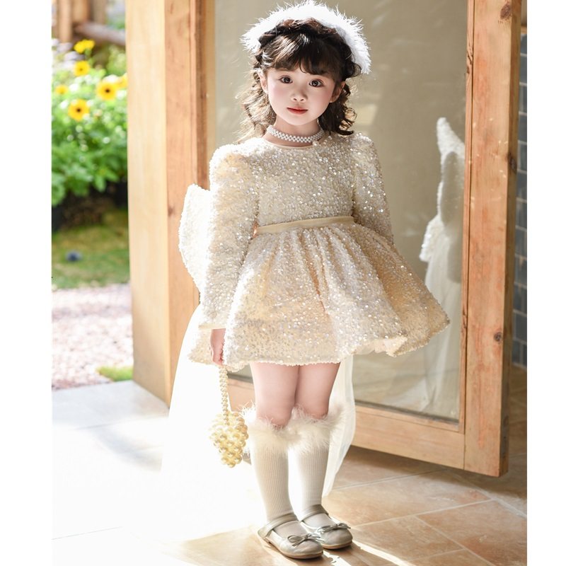 秋冬爆闪亮片女童公主裙重工小女孩生日蝴蝶结拖尾网纱花童小礼服,淘宝优惠券,粉丝福利购,淘宝优惠卷
