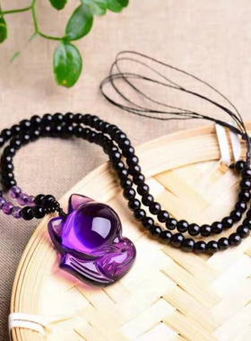 紫水晶大头萌狐狸吊坠男女紫晶灵狐项坠项链挂件情侣一对礼物