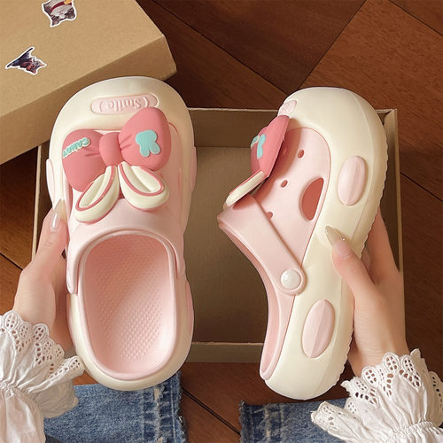 少女心可爱蝴蝶结洞洞鞋女夏季厚底防滑居家外穿踩屎感包头凉拖鞋 - 图2