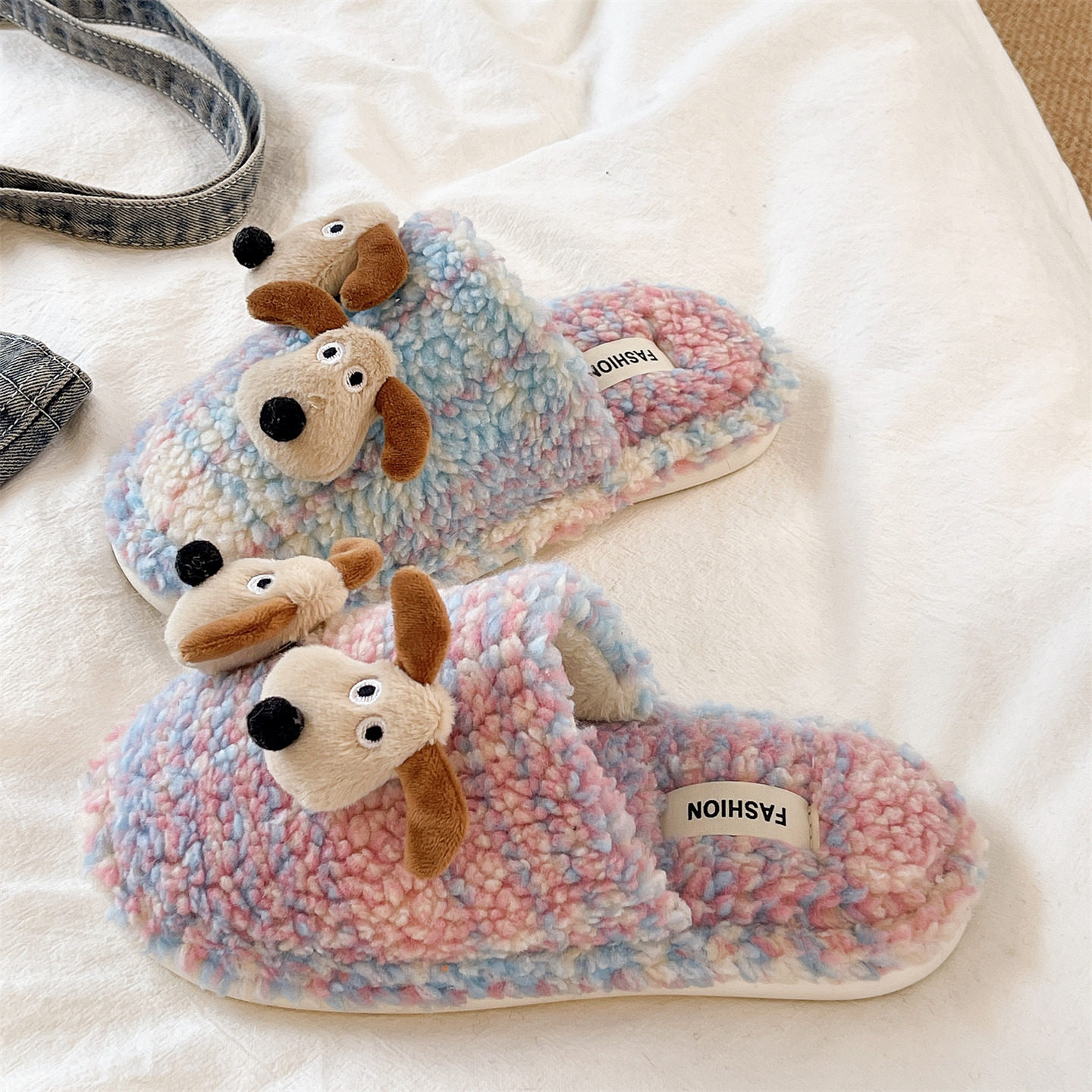 毛毛拖鞋女冬季室内居家可爱小狗拼色加绒保暖厚底防滑包头棉拖鞋,淘宝优惠券,粉丝福利购,淘宝优惠卷