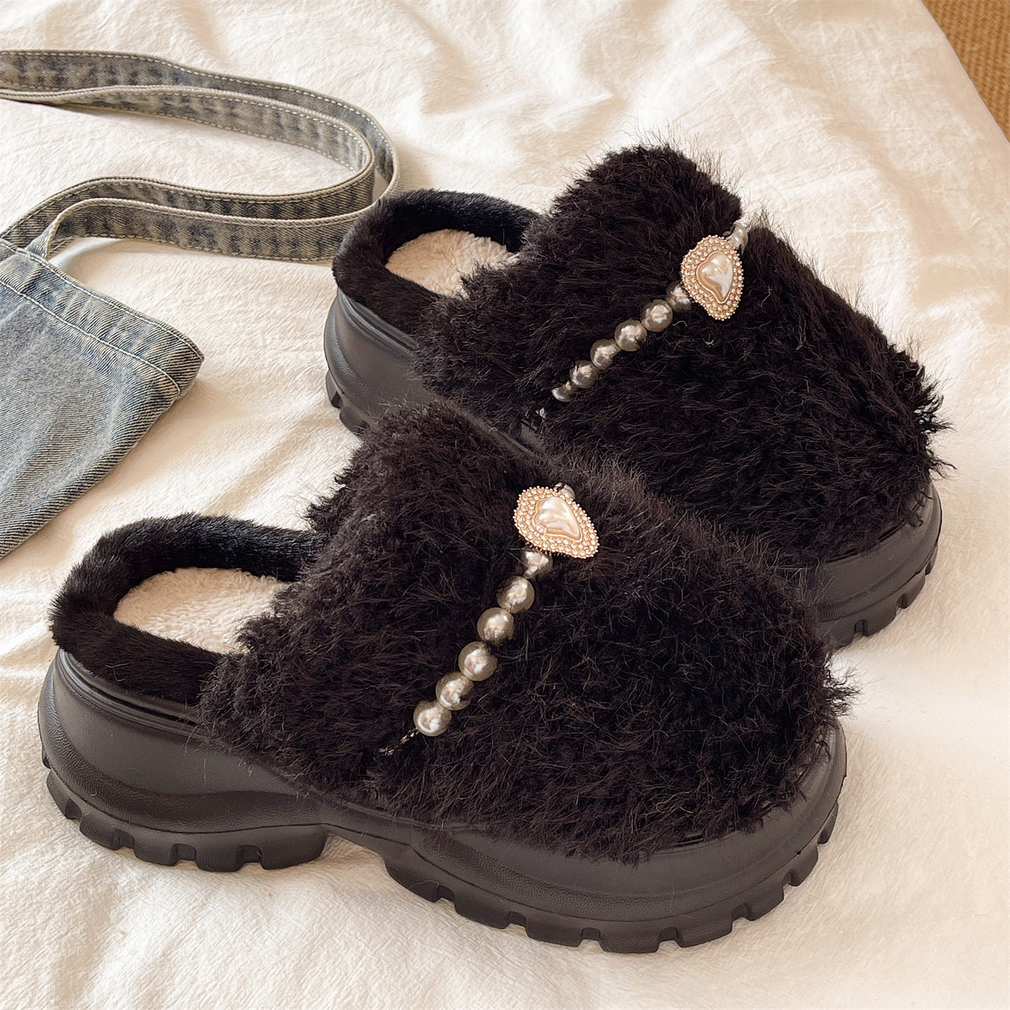厚底高跟毛毛拖鞋女冬季时尚珍珠加绒保暖防滑外穿室内包头棉拖鞋,淘宝优惠券,粉丝福利购,淘宝优惠卷
