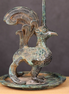 仿古青铜器飞鸟凤凰灯台纯铜铭文蜡台工艺品摆件古玩收藏精美礼品