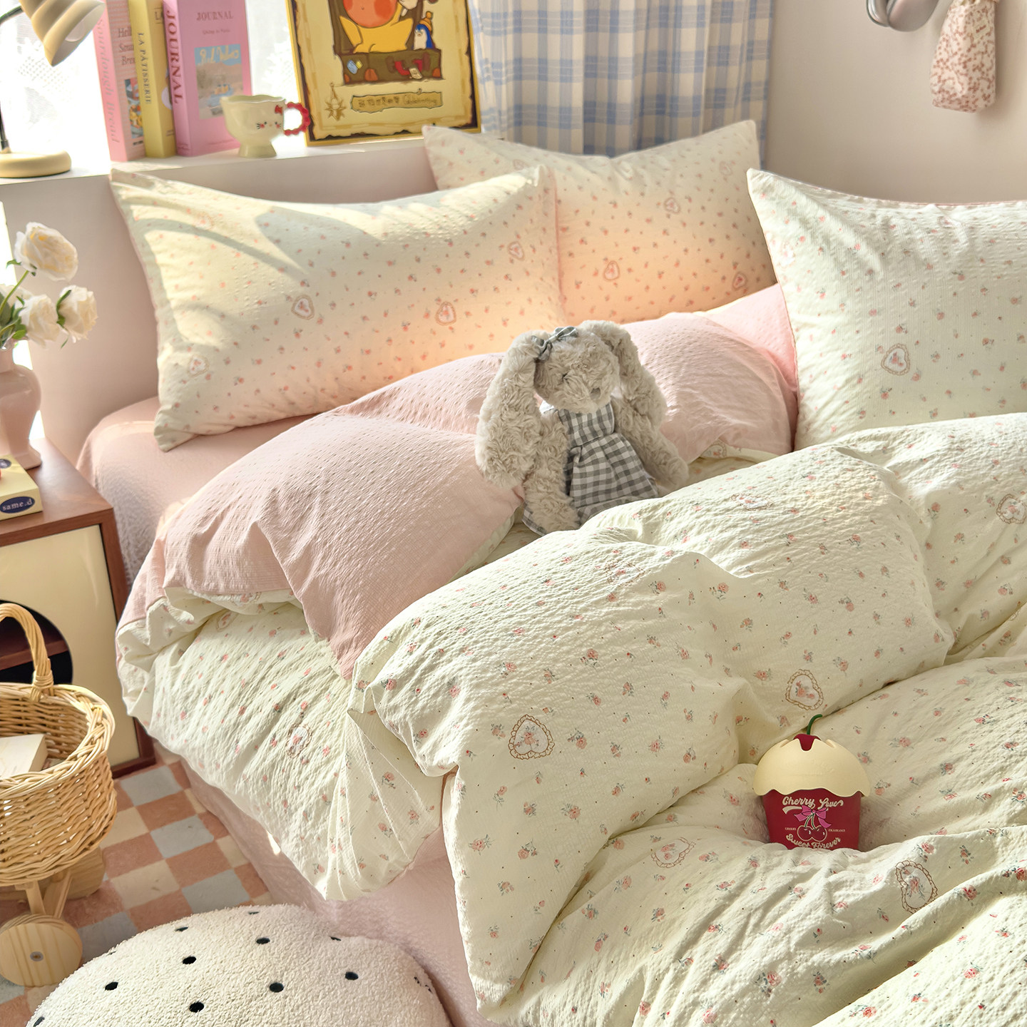 A类母婴级泡芙双层纱床上四件套纯棉全棉床单被套学生宿舍三件套4