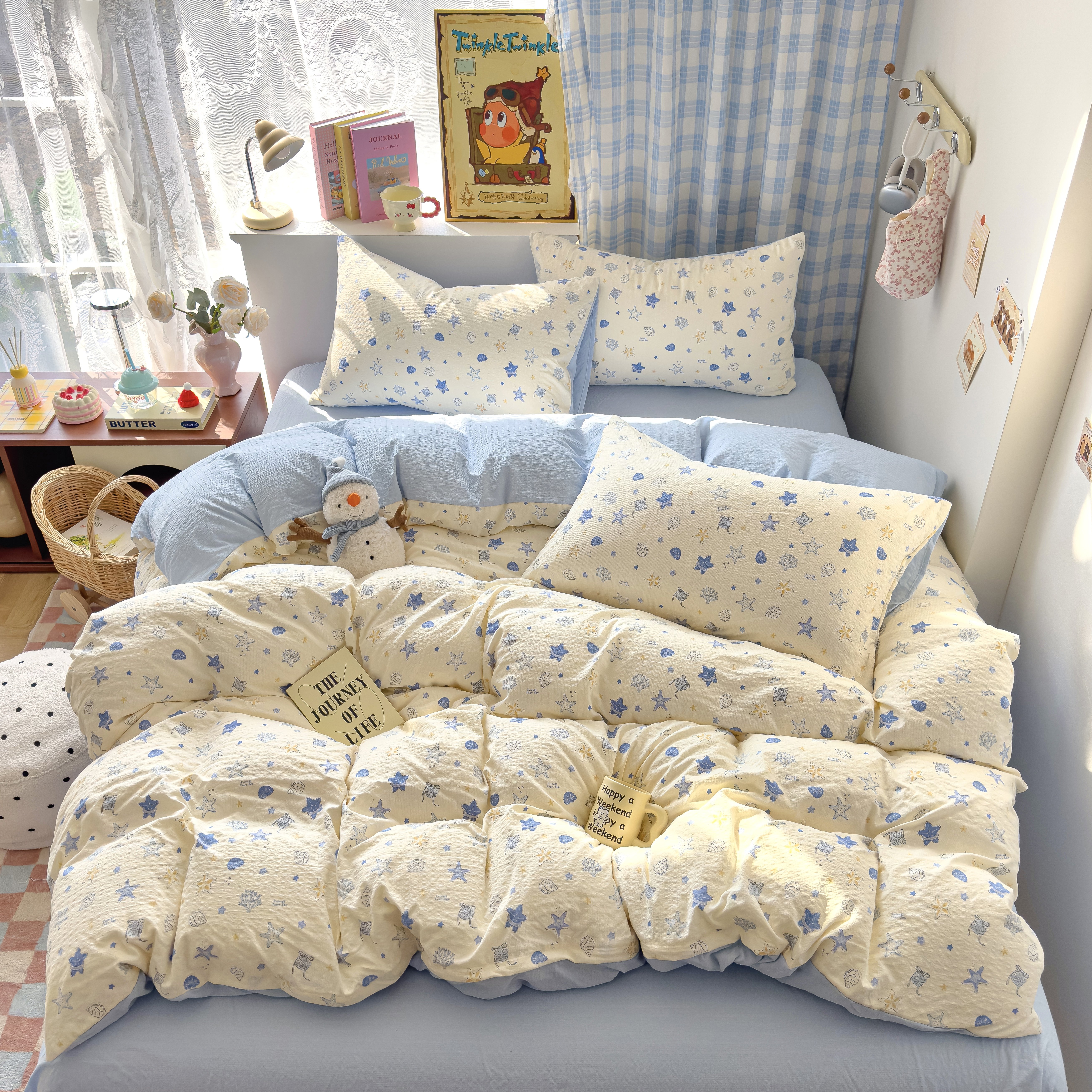 A类母婴级泡芙双层纱床上四件套纯棉全棉床单被套学生宿舍三件套4