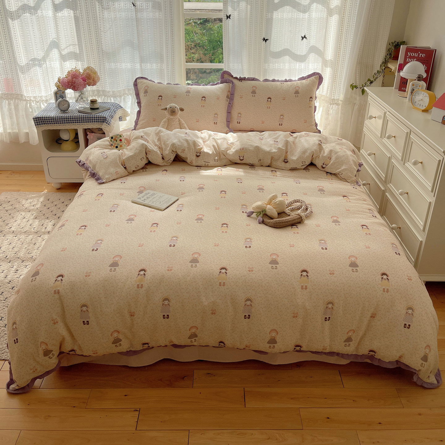 ins风可爱双层纱纯棉床上四件套全棉床单被套罩学生宿舍三件套夏4,淘宝优惠券,粉丝福利购,淘宝优惠卷