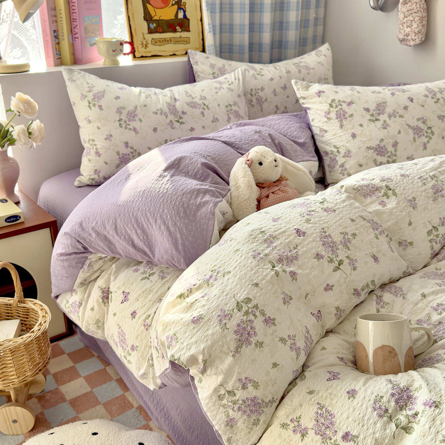 A类母婴级泡芙双层纱床上四件套纯棉全棉床单被套学生宿舍三件套4