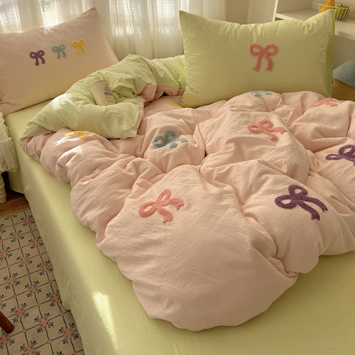 ins韩系床上四件套纯棉全棉2026新款蝴蝶结毛巾绣学生宿舍三件套4 - 图2