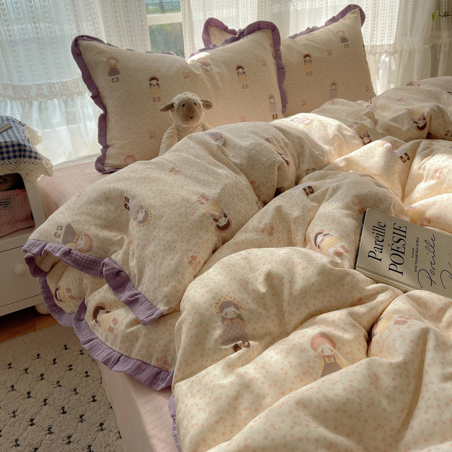 ins风可爱双层纱纯棉床上四件套全棉床单被套罩学生宿舍三件套夏4,淘宝优惠券,粉丝福利购,淘宝优惠卷