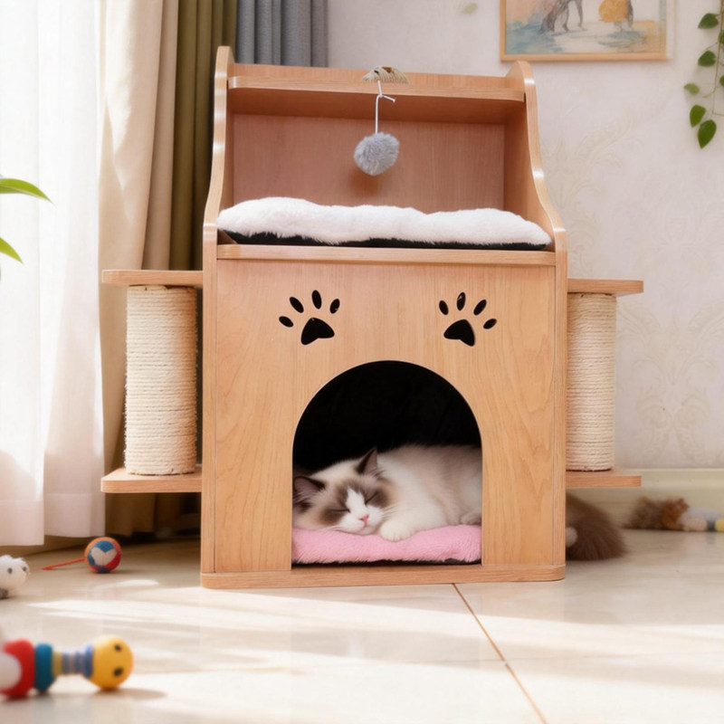 实木猫笼床头柜剑麻柱双层猫窝别墅人猫共用床边柜四季通用小猫舍,淘宝优惠券,粉丝福利购,淘宝优惠卷