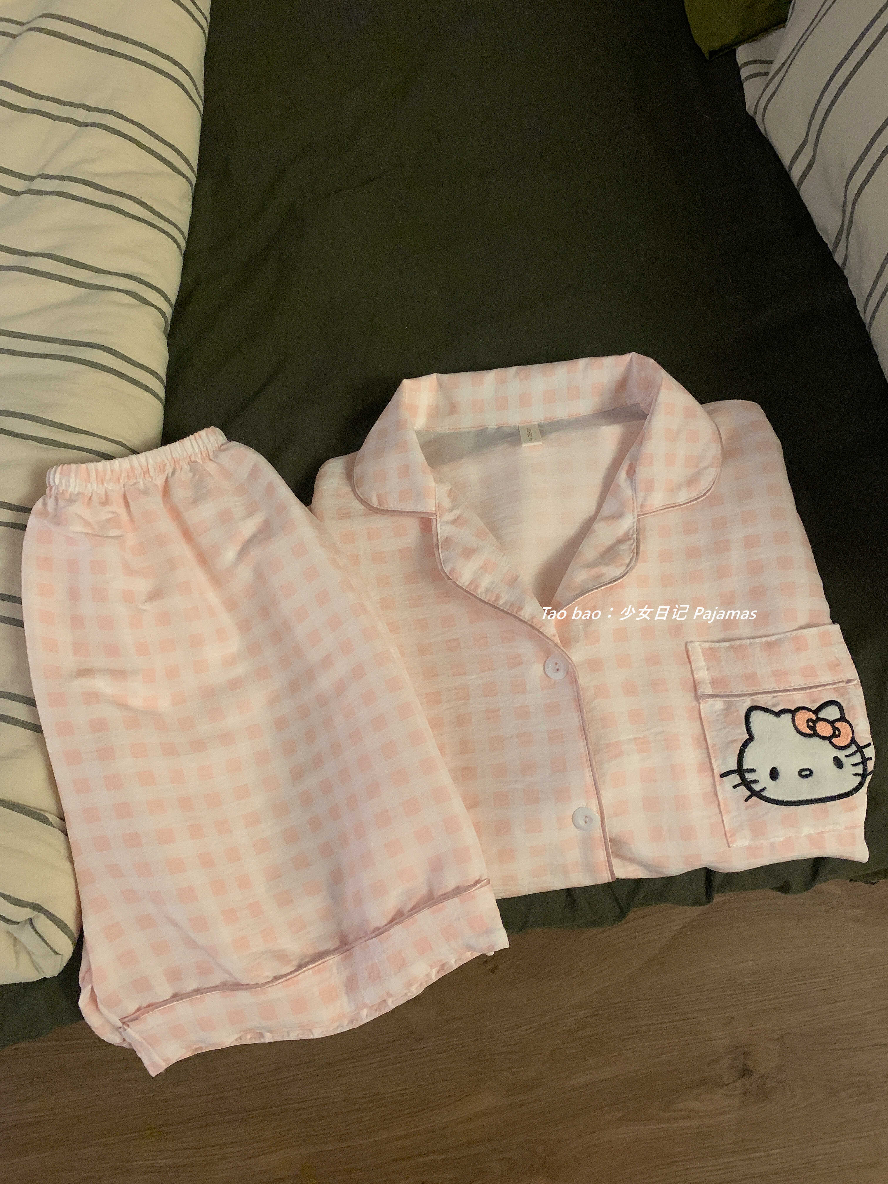 日系hellokitty睡衣女甜美少女格子凯蒂猫夏季2024新款家居服套装 - 图3