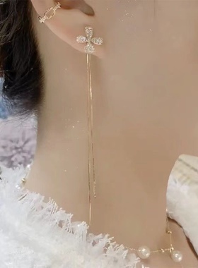 锆石微镶不对称流苏花朵耳环轻奢小众耳饰长款气质百搭显瘦耳针