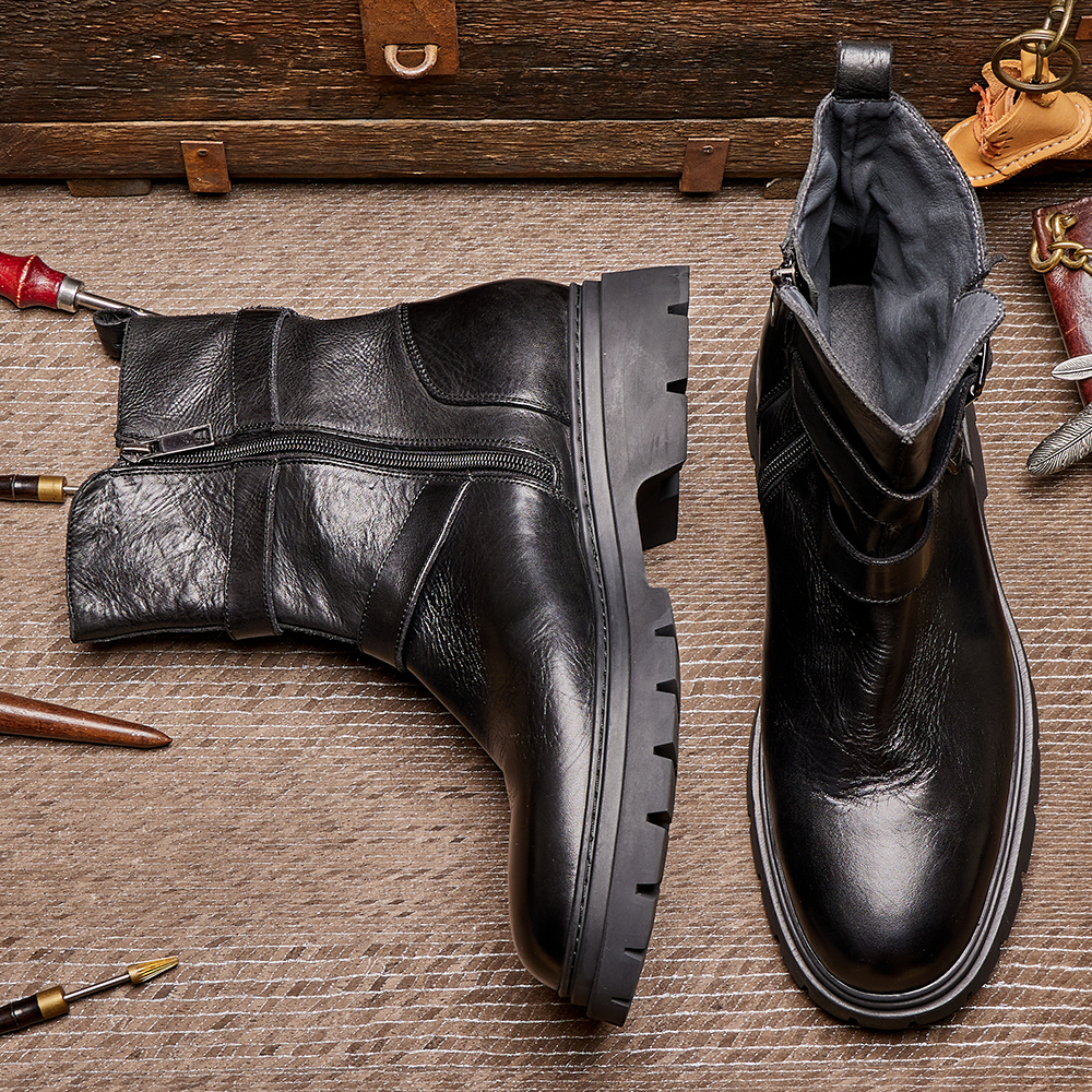 秋冬男式皮靴切尔西靴潮男真皮搭扣长靴英伦高筒靴男时尚厚底E235 - 图2