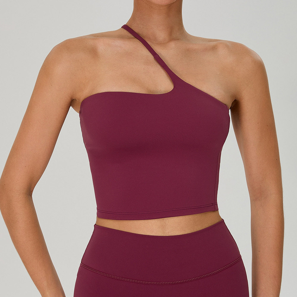 欧美斜单肩美背瑜伽背心女裸感上衣户外跑步运动健身内衣胸垫速干,淘宝优惠券,粉丝福利购,淘宝优惠卷