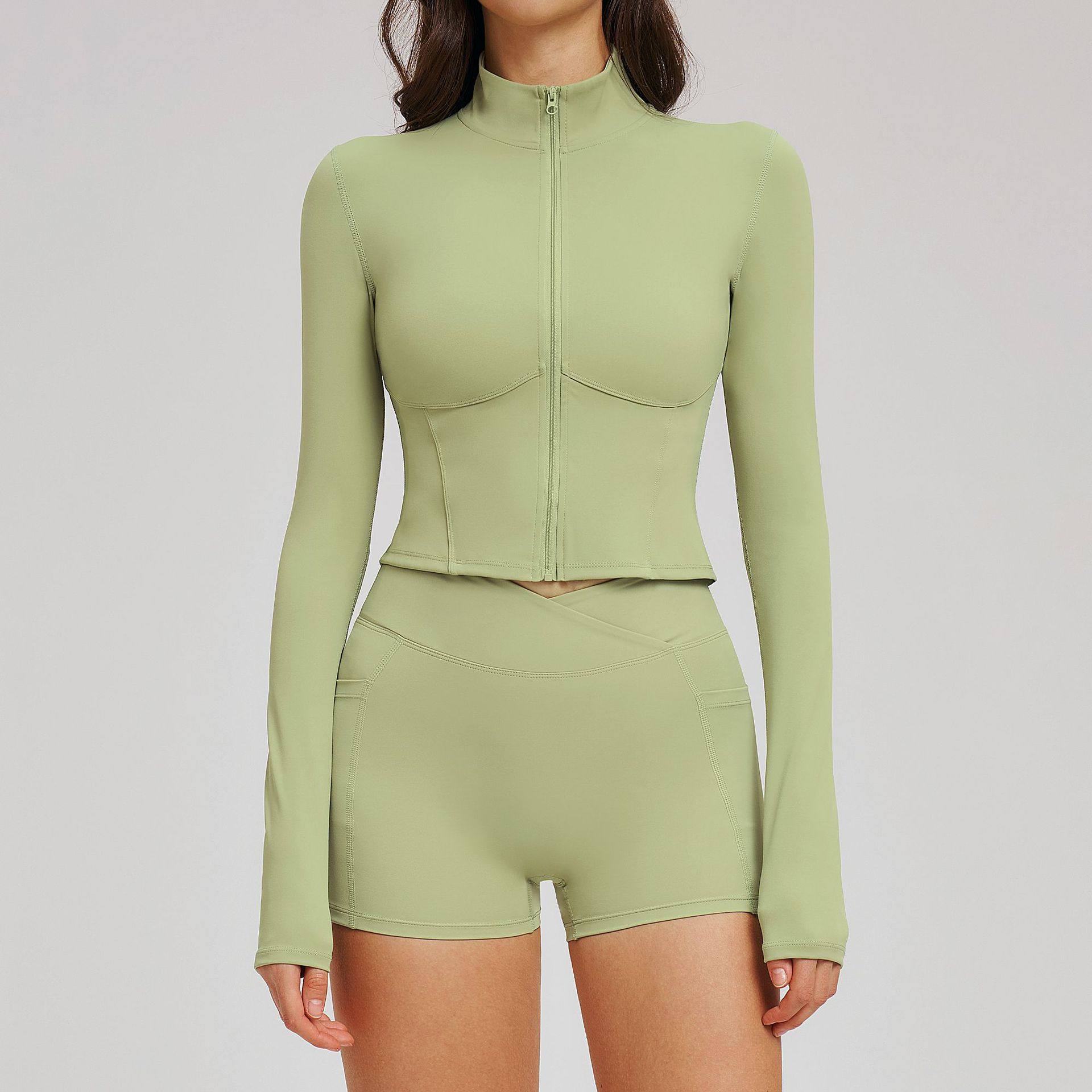 欧美跨境运动瑜伽套装女裸感拉链外套健身衣跑步短裤两件弹力紧身,淘宝优惠券,粉丝福利购,淘宝优惠卷