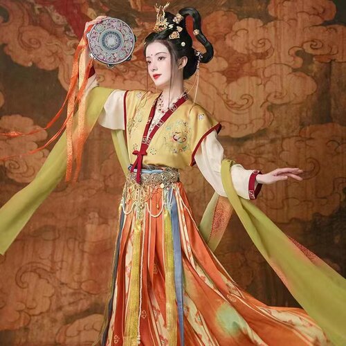 出租【唐制】坦领齐腰襦裙女汉服古风舞蹈服七夕节汉服走秀款活动 - 图1