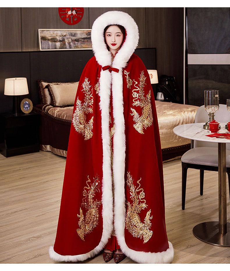出租秀禾服披风冬季红色中式婚礼结婚毛披肩斗篷加厚毛领汉服披风,淘宝优惠券,粉丝福利购,淘宝优惠卷