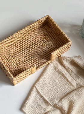 北欧法式藤条编织方形纸巾盒收纳托盘复古原木风居家民宿装饰摆件