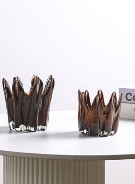 轻奢琥珀棕色琉璃烛台艺术品摆件