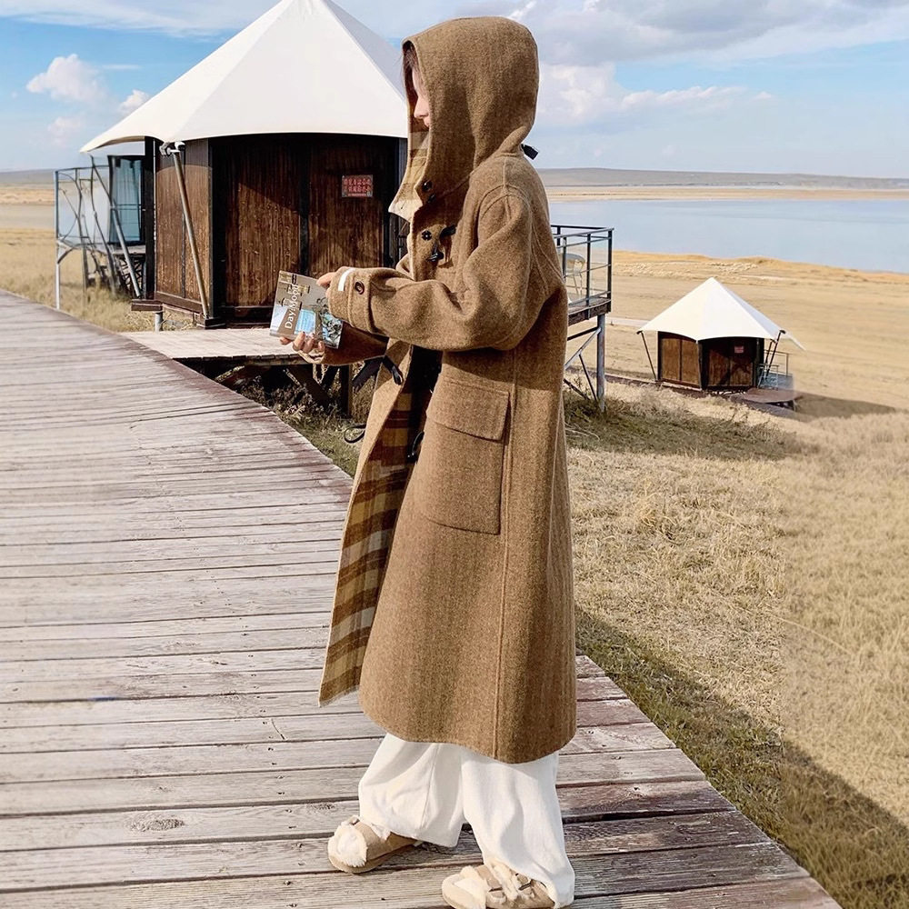 2026新款正反两穿复古格纹牛角扣双面羊毛大衣直筒大衣外套女风衣,淘宝优惠券,粉丝福利购,淘宝优惠卷