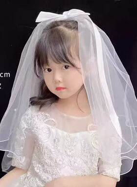 头纱简约幼儿园活动头纱网红拍照亲子蝴蝶结珍珠头纱摆摊发光头纱