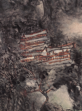 高清复刻黄宾虹楼台烟雨图山水画