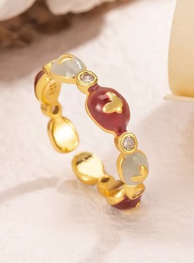 红色滴釉蝴蝶结戒指轻奢高级食指戒可调节复古温柔可爱指环百搭潮