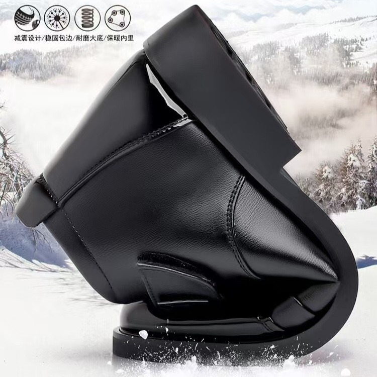 冬季高帮加绒加厚保暖男鞋皮面防风保暖棉鞋亮面商务休闲鞋棉皮靴 - 图2