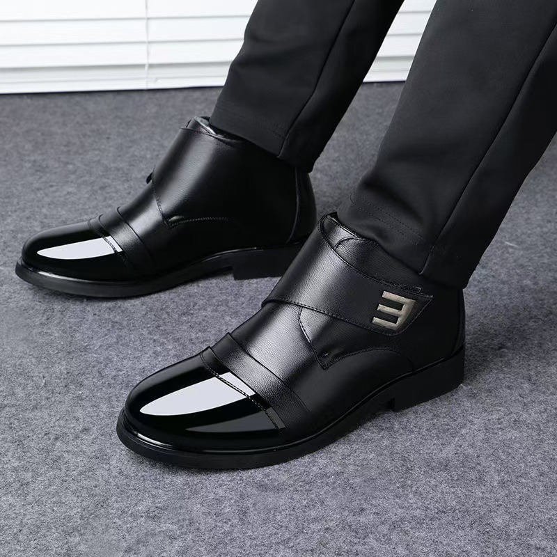 冬季高帮加绒加厚保暖男鞋皮面防风保暖棉鞋亮面商务休闲鞋棉皮靴 - 图0