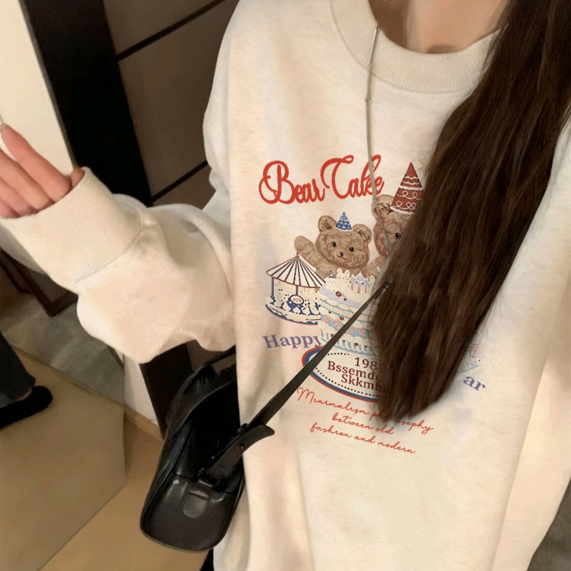 甜美可爱趣味印花百搭卫衣女冬季加绒圆领长袖宽松减龄学生上衣潮 - 图0