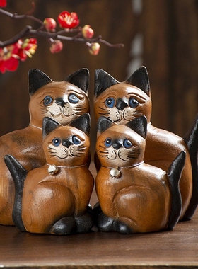 泰国木雕木质小猫咪客厅装饰摆件