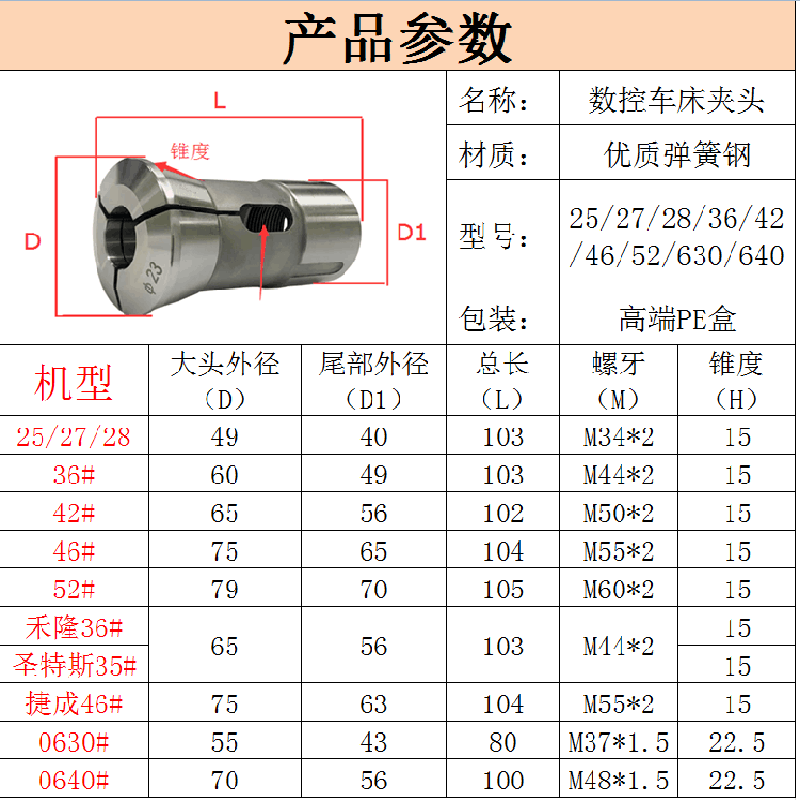 CNC加工中心数控车床夹头高精度36#46#630#640弹簧弹性夹头42机筒-图2