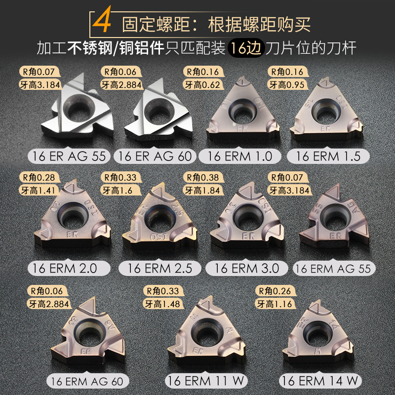 数控刀片铝用不锈钢外螺纹刀片16ERAG60/55/14W车床牙刀刀粒刀头 - 图2