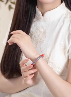 高含量朱砂手镯非遗珐琅三花手镯本命年生日礼物国风高颜值 丹缘