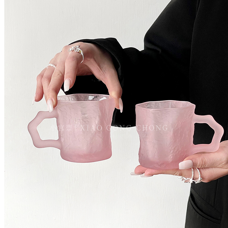 ins风少女粉色冰川带把玻璃杯高颜值家用果汁杯咖啡杯饮料杯水杯 - 图2