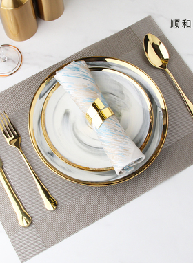 金边陶瓷盘会所摆台大理石纹欧式