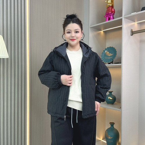 大码胖mm撞色连帽棉服外套女200斤秋冬新款薄款夹棉宽松棉衣上衣 - 图2