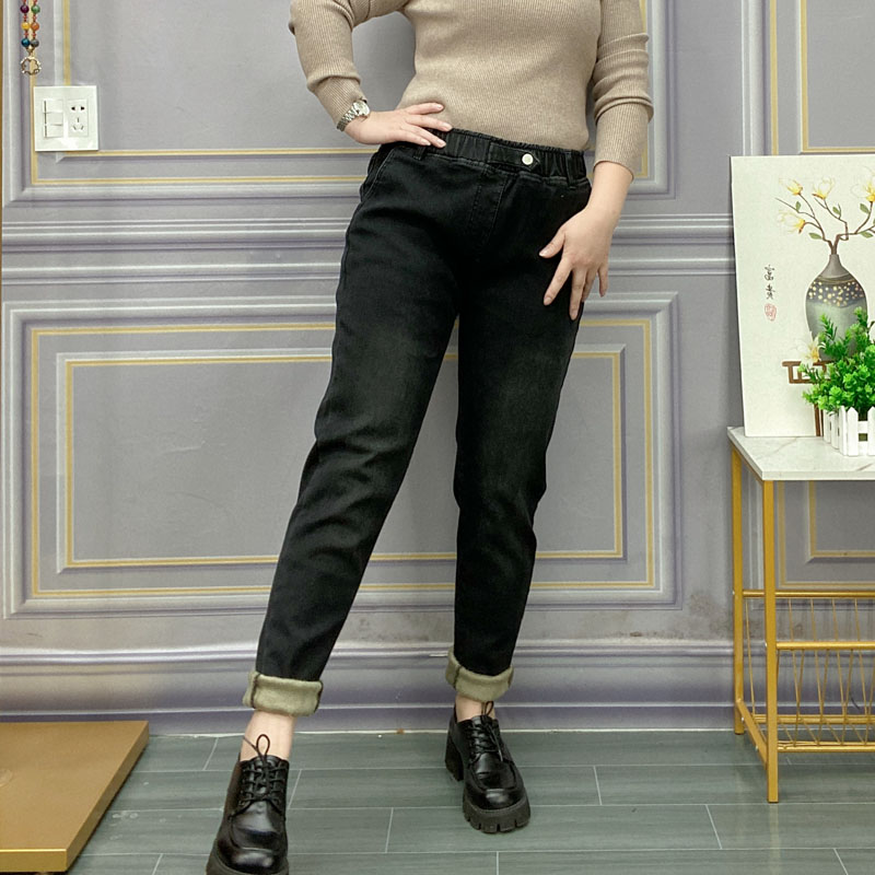 松紧腰加绒牛仔裤女大码胖mm宽松秋冬季保暖哈伦裤高腰显瘦老爹裤,淘宝优惠券,粉丝福利购,淘宝优惠卷