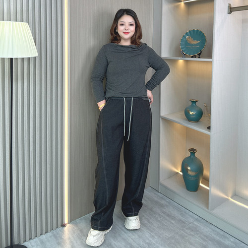 大码女装秋季新款弯刀裤子胖mm松弛感宽松藏肉显瘦休闲直筒阔腿裤 - 图0