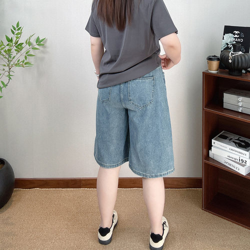 美式刺绣牛仔短裤女夏大码胖mm阔腿裤宽松显瘦高腰休闲直筒五分裤 - 图3