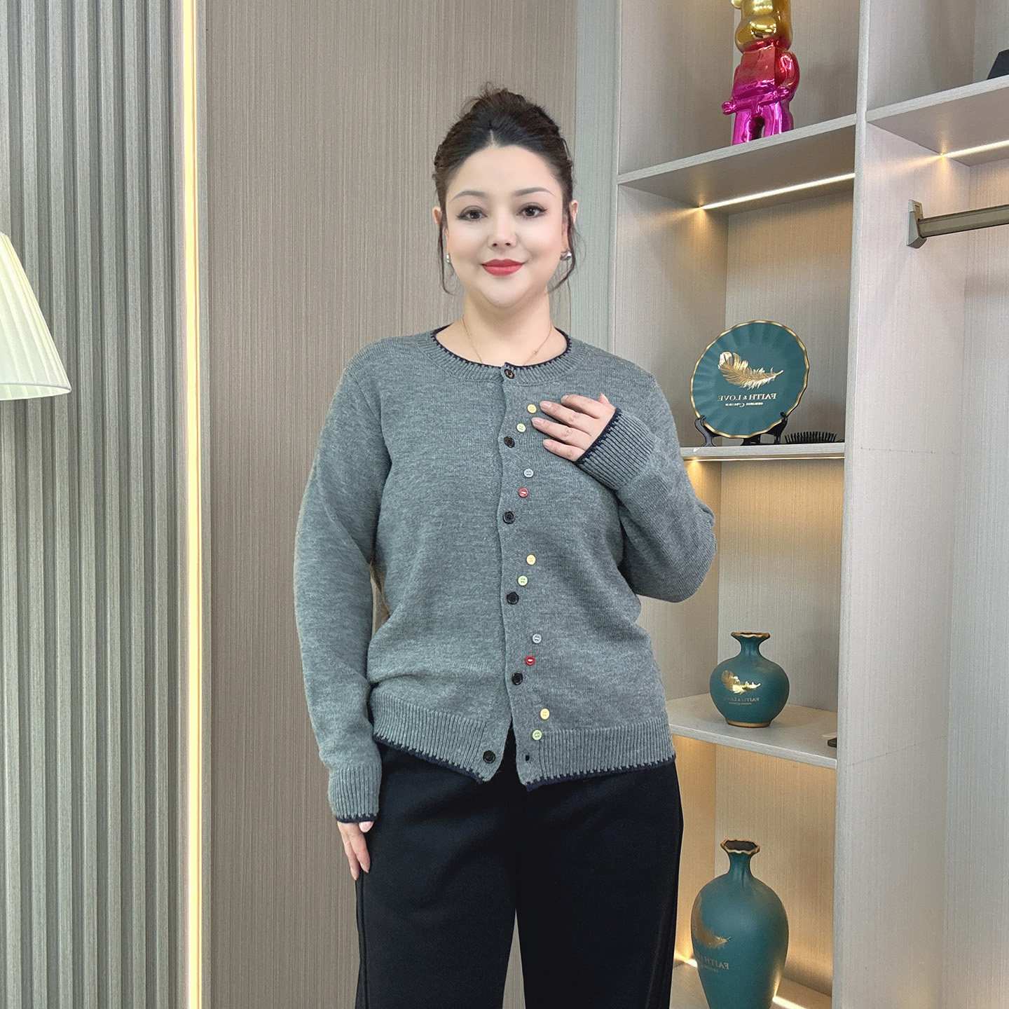 韩版宽松大码针织毛衣女秋冬新款胖mm彩色扣百搭简约显瘦开衫外套,淘宝优惠券,粉丝福利购,淘宝优惠卷