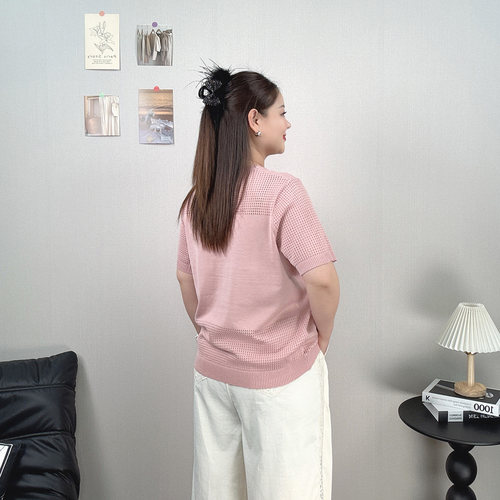 镂空短袖针织衫女大码夏季黑色正肩T恤宽松显瘦圆领休闲冰丝上衣 - 图3