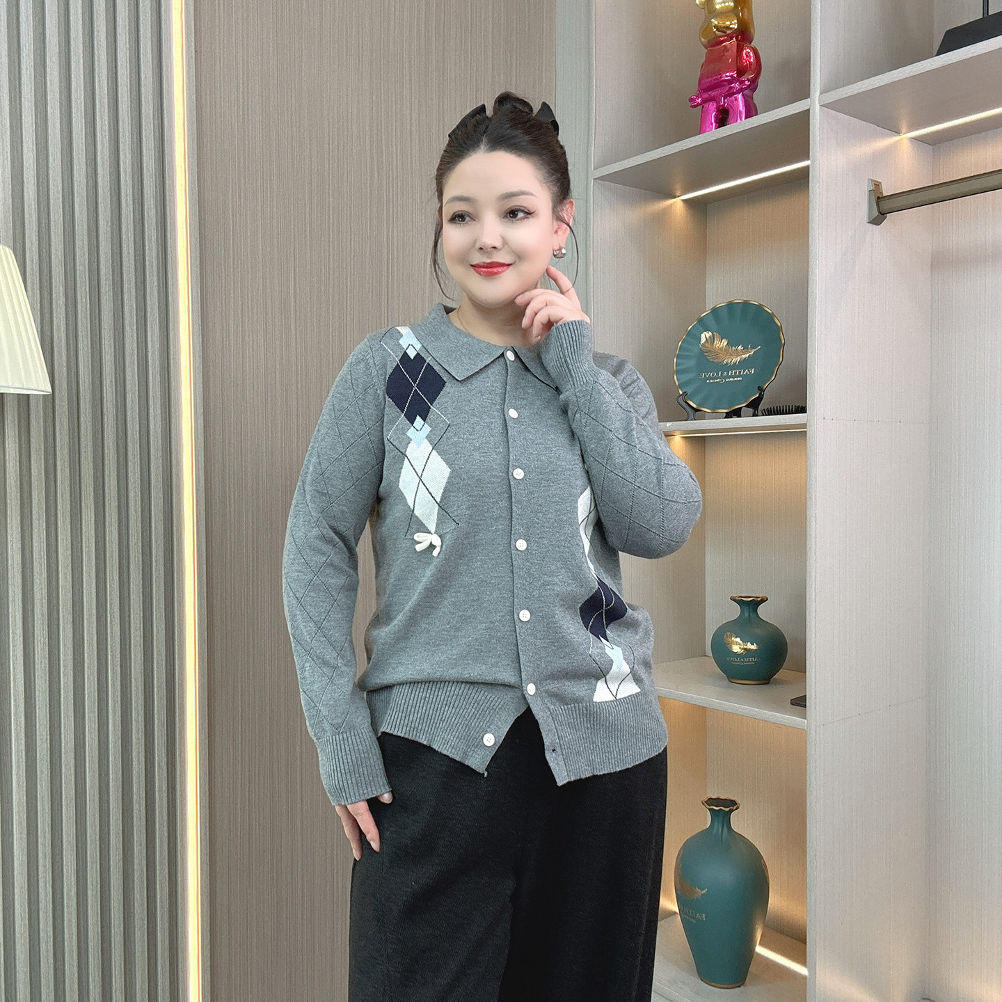 2026春季新款毛衣女大码胖mm秋冬休闲学院风拼接菱格针织开衫上衣,淘宝优惠券,粉丝福利购,淘宝优惠卷