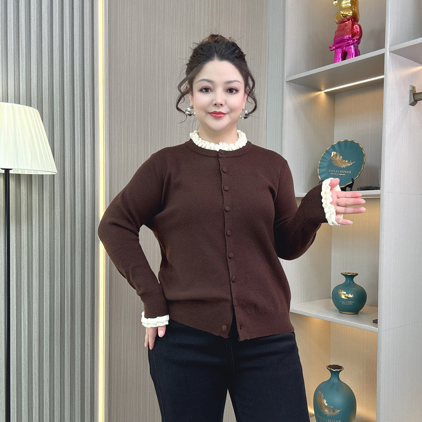 气质撞色花边领针织衫2025秋冬大码胖MM时尚慵懒洋气长袖开衫毛衣,淘宝优惠券,粉丝福利购,淘宝优惠卷