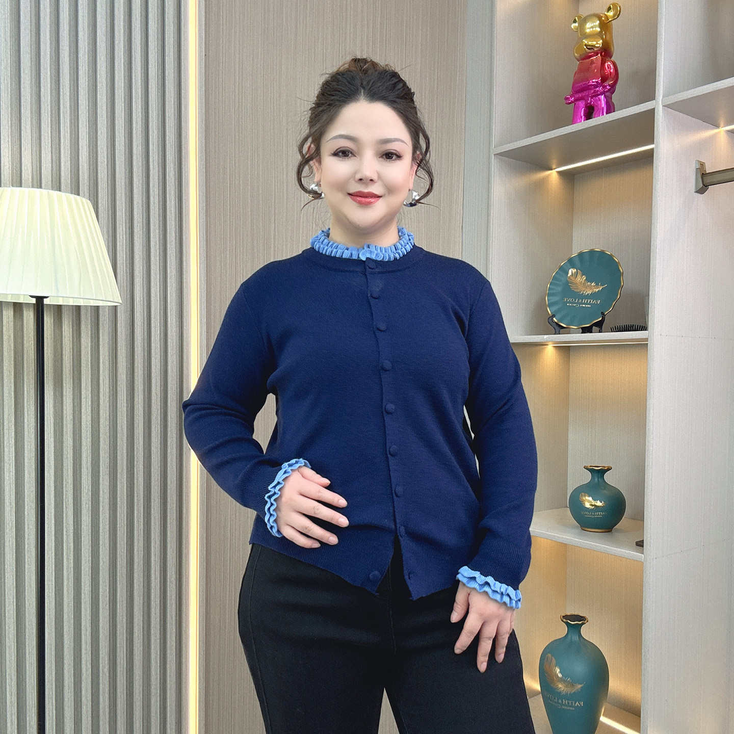 气质撞色花边领针织衫2025秋冬大码胖MM时尚慵懒洋气长袖开衫毛衣,淘宝优惠券,粉丝福利购,淘宝优惠卷