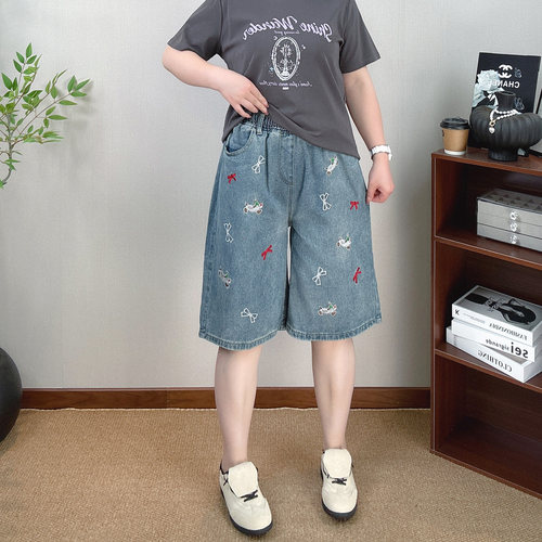 美式刺绣牛仔短裤女夏大码胖mm阔腿裤宽松显瘦高腰休闲直筒五分裤 - 图1