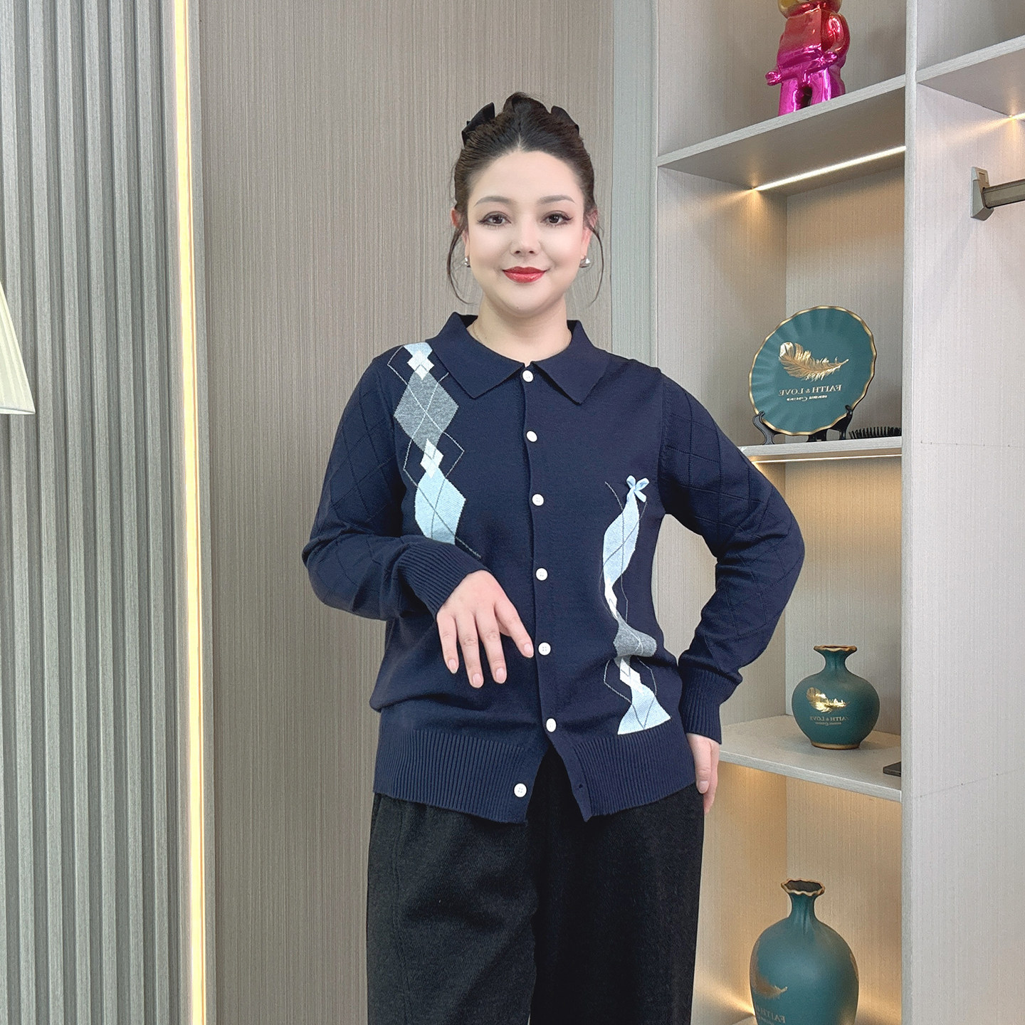 2026春季新款毛衣女大码胖mm秋冬休闲学院风拼接菱格针织开衫上衣,淘宝优惠券,粉丝福利购,淘宝优惠卷